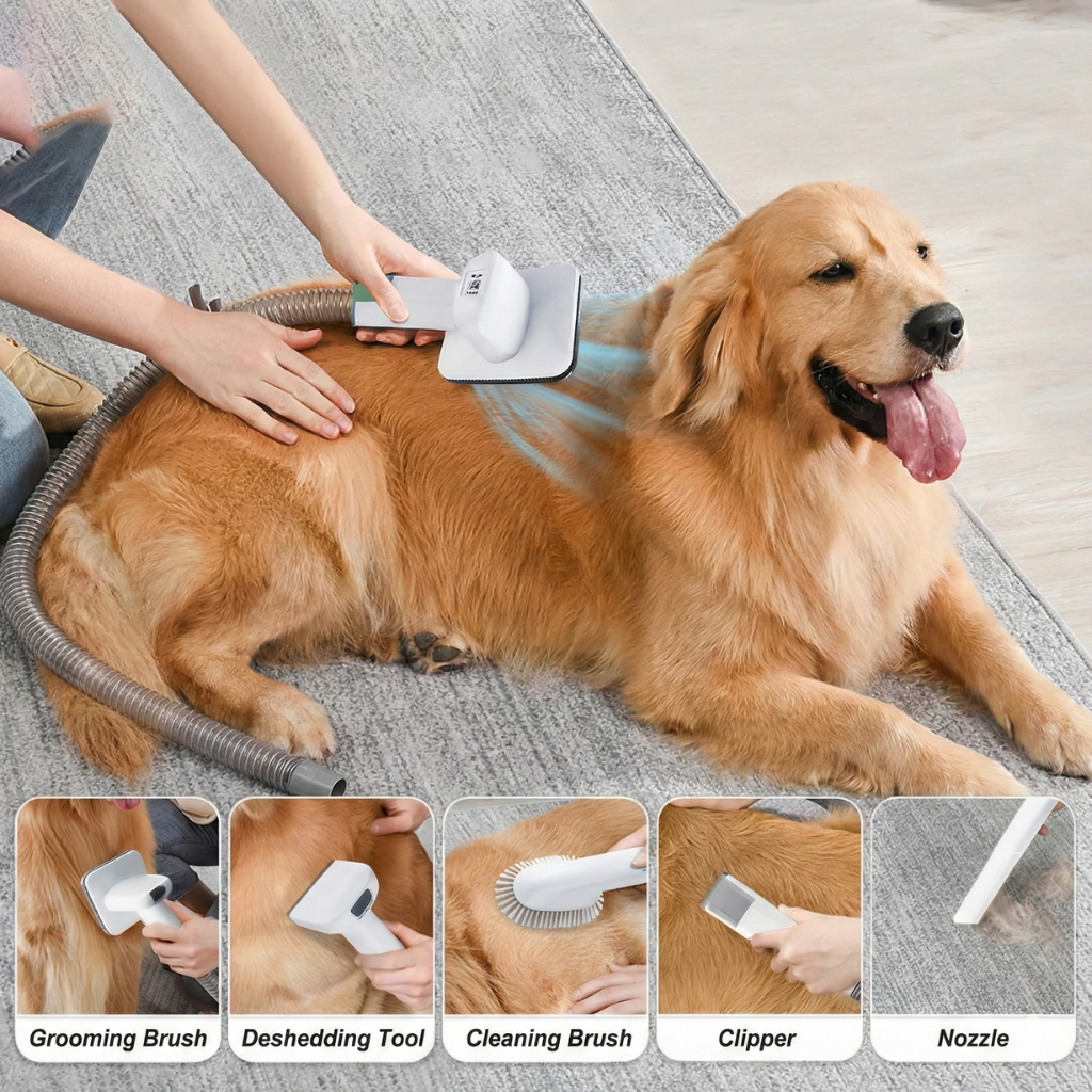 7 in 1 Pet Grooming Vacuum Kit with Clippers, Deshedding Tool and Hair Collector