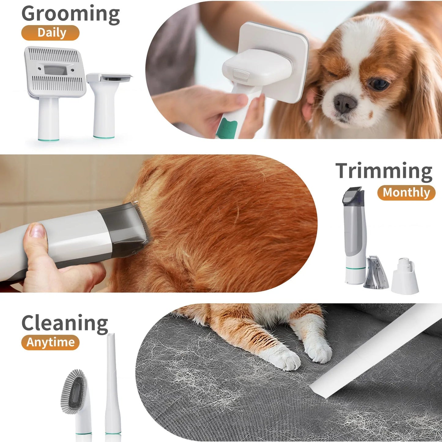 7 in 1 Pet Grooming Vacuum Kit with Clippers, Deshedding Tool and Hair Collector