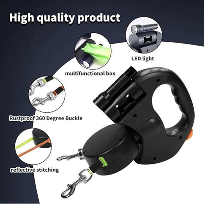 Double Dog Lead | Retractable | 3 Metre Dual Lines | Built In Light