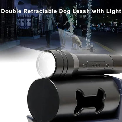 Double Dog Lead | Retractable | 3 Metre Dual Lines | Built In Light